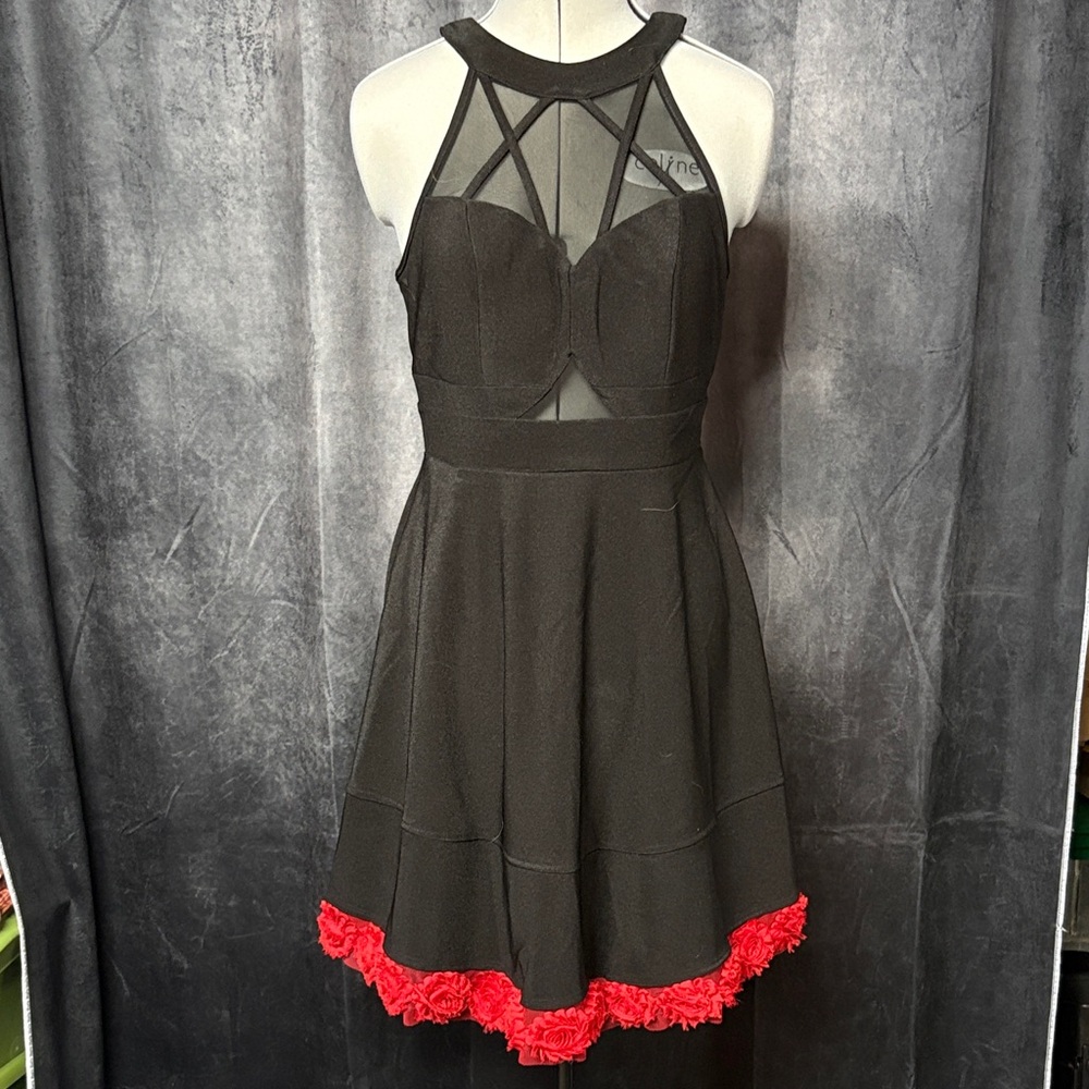 Honey and Rosie Black Halter Dress with Red Trim